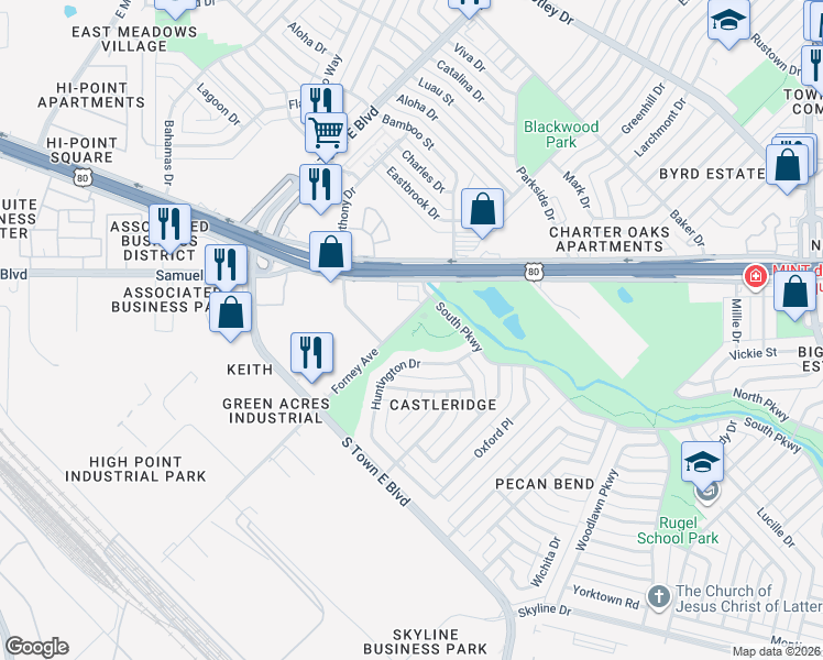 map of restaurants, bars, coffee shops, grocery stores, and more near 3700 Forney Road in Mesquite