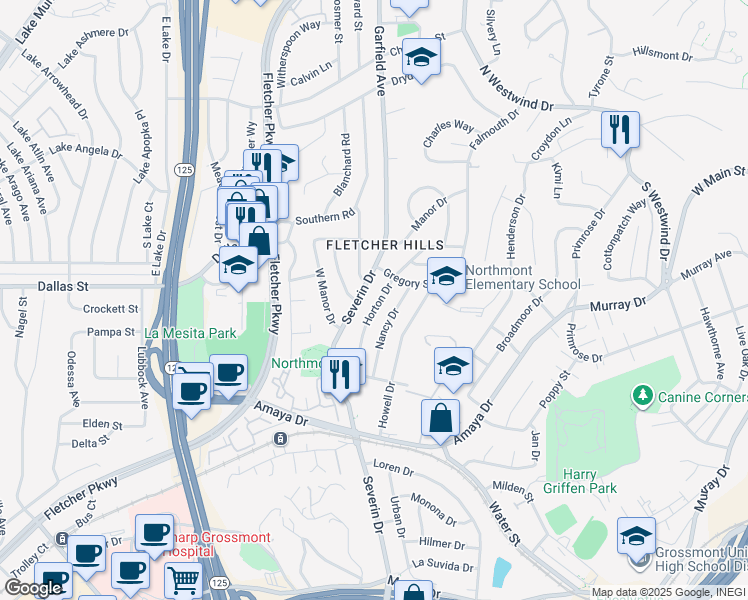 map of restaurants, bars, coffee shops, grocery stores, and more near 6142 Horton Drive in La Mesa