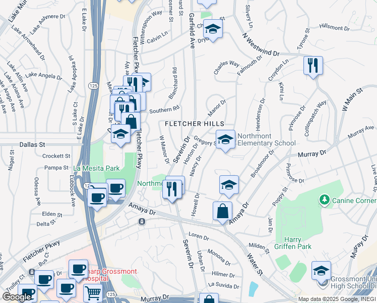 map of restaurants, bars, coffee shops, grocery stores, and more near 6140-42 Horton Drive in La Mesa