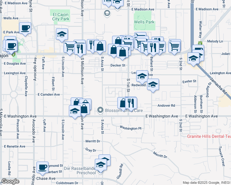 map of restaurants, bars, coffee shops, grocery stores, and more near 410 South 1st Street in El Cajon