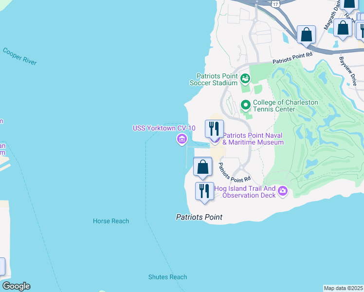 map of restaurants, bars, coffee shops, grocery stores, and more near 40 Patriots Point Rd in Mt Pleasant