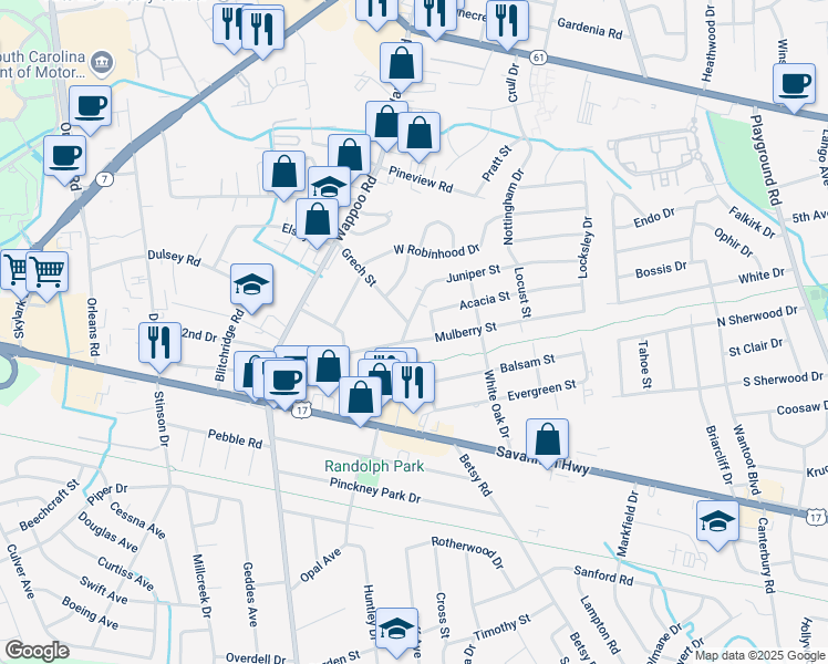 map of restaurants, bars, coffee shops, grocery stores, and more near 1639 Juniper Street in Charleston