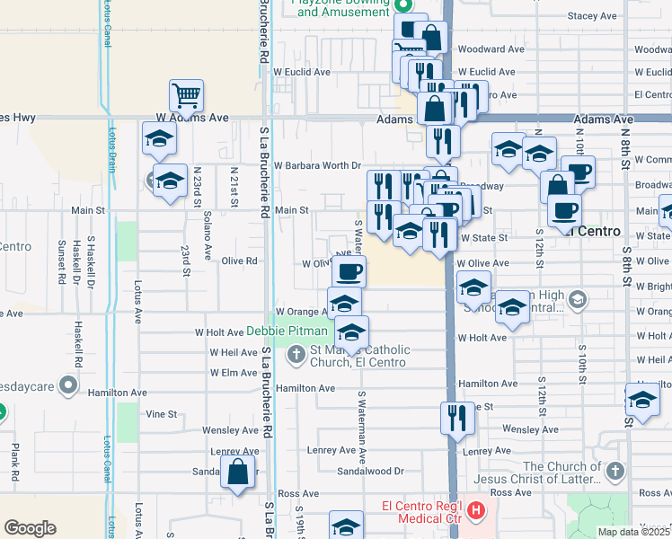 map of restaurants, bars, coffee shops, grocery stores, and more near 1720 West Brighton Avenue in El Centro