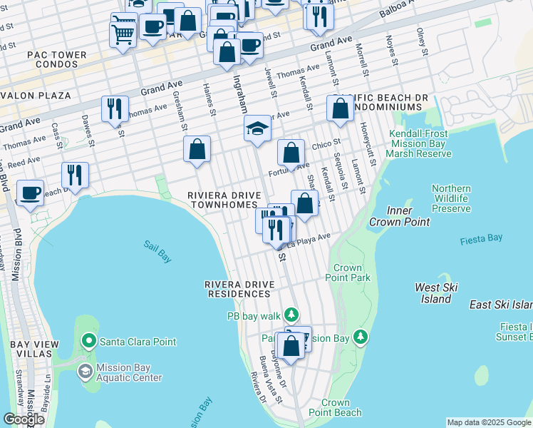 map of restaurants, bars, coffee shops, grocery stores, and more near 3866 Ingraham Street in San Diego