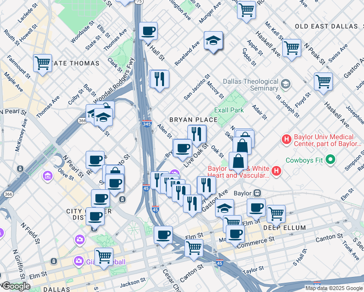 map of restaurants, bars, coffee shops, grocery stores, and more near 2801 Live Oak Street in Dallas