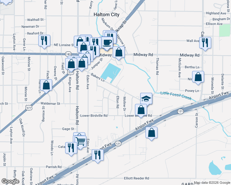 map of restaurants, bars, coffee shops, grocery stores, and more near 2112 Elton Road in Fort Worth