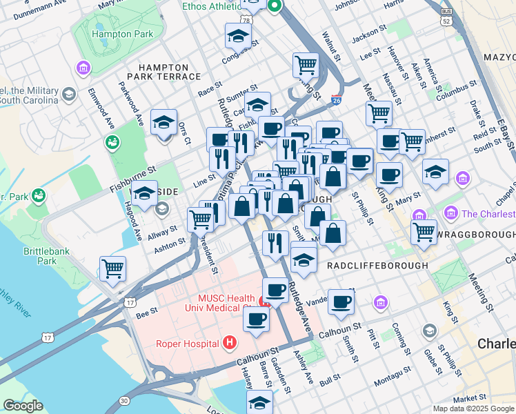 map of restaurants, bars, coffee shops, grocery stores, and more near 229 Rutledge Avenue in Charleston