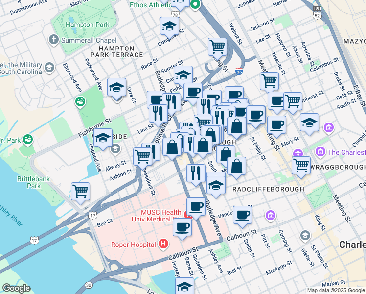 map of restaurants, bars, coffee shops, grocery stores, and more near 229 Rutledge Avenue in Charleston