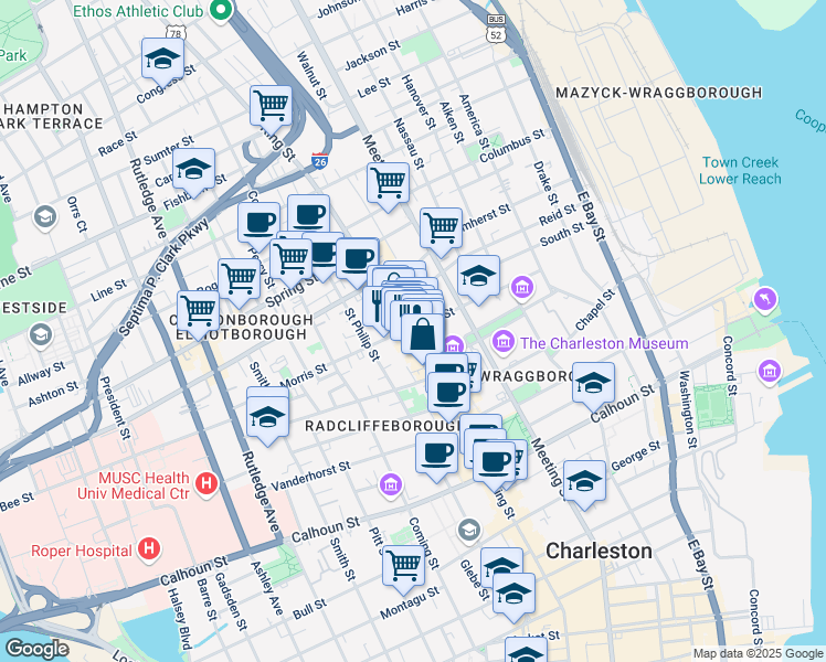map of restaurants, bars, coffee shops, grocery stores, and more near 492 King Street in Charleston