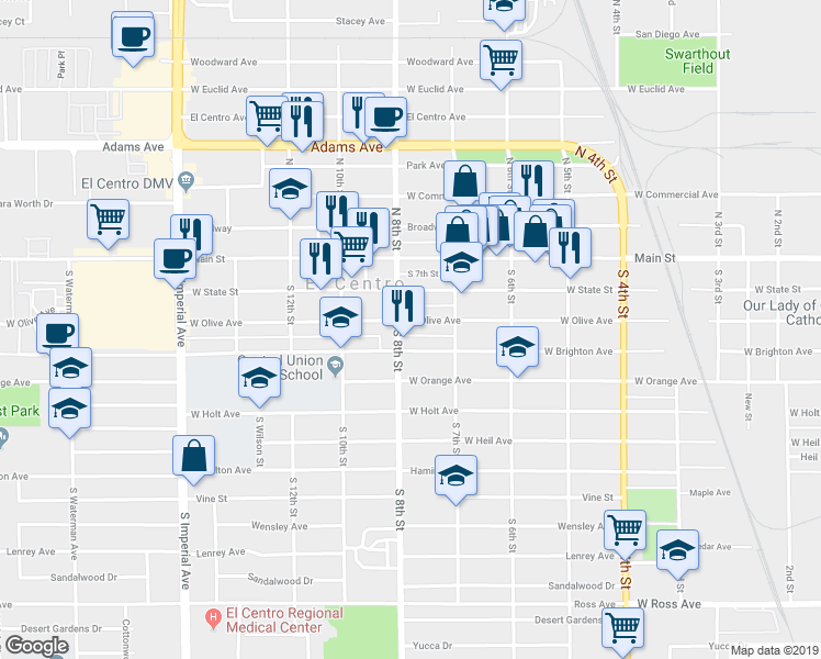 map of restaurants, bars, coffee shops, grocery stores, and more near 781 West Olive Avenue in Holtville