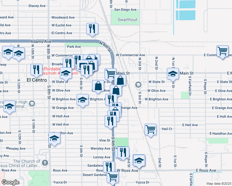 map of restaurants, bars, coffee shops, grocery stores, and more near 315 California 86 in El Centro