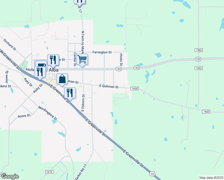 map of restaurants, bars, coffee shops, grocery stores, and more near Quitman Rd in Alba