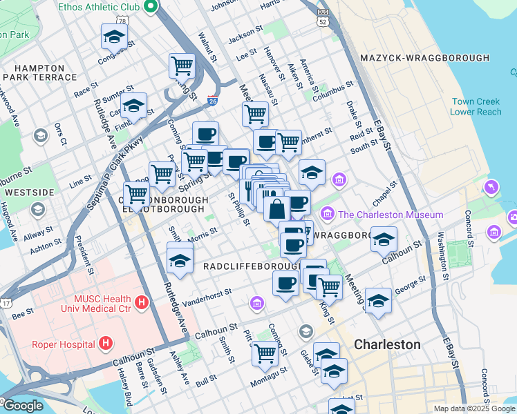 map of restaurants, bars, coffee shops, grocery stores, and more near 499 King Street in Charleston