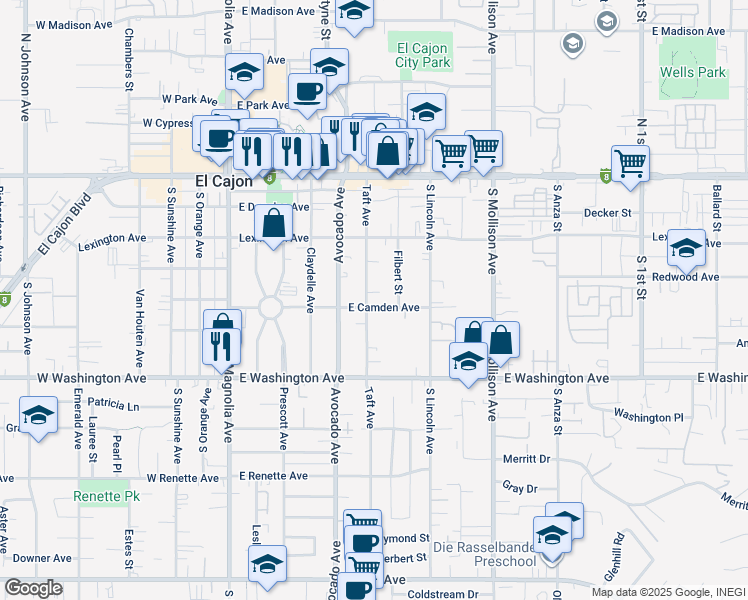 map of restaurants, bars, coffee shops, grocery stores, and more near 502 Taft Avenue in El Cajon