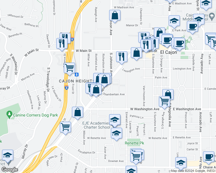 map of restaurants, bars, coffee shops, grocery stores, and more near 538 South Johnson Avenue in El Cajon
