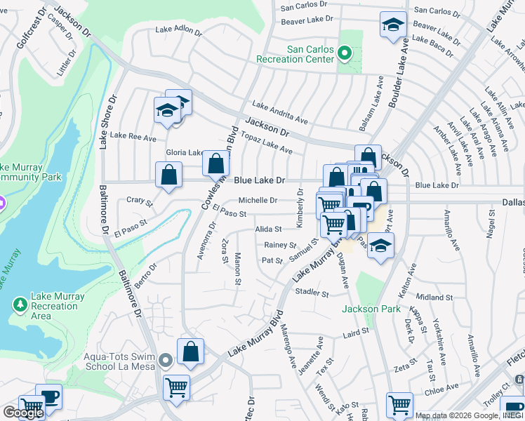 map of restaurants, bars, coffee shops, grocery stores, and more near 7915 El Paso Street in La Mesa