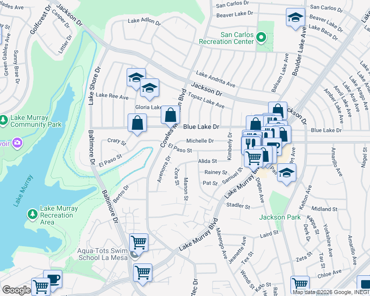 map of restaurants, bars, coffee shops, grocery stores, and more near 7845 El Paso Street in La Mesa