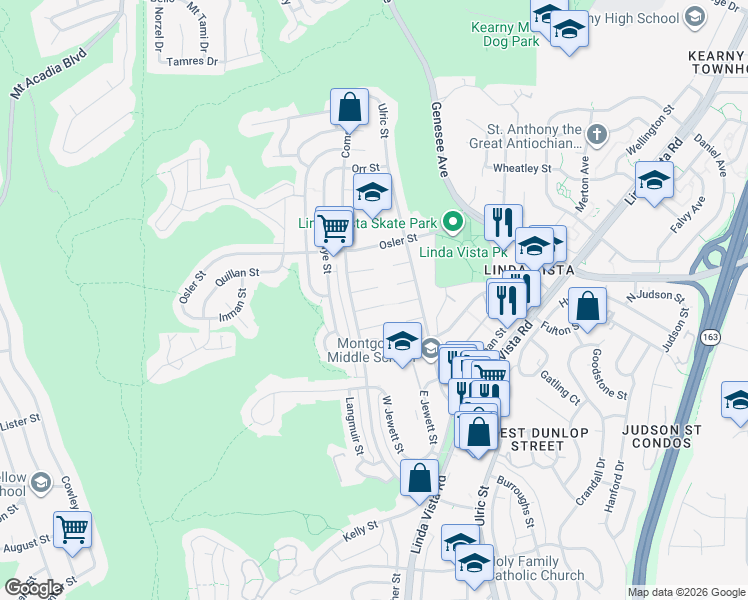 map of restaurants, bars, coffee shops, grocery stores, and more near 6737 Thomson Court in San Diego