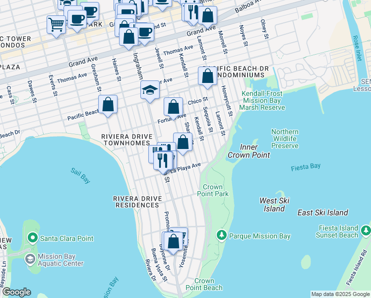 map of restaurants, bars, coffee shops, grocery stores, and more near 3880 Shasta Street in San Diego