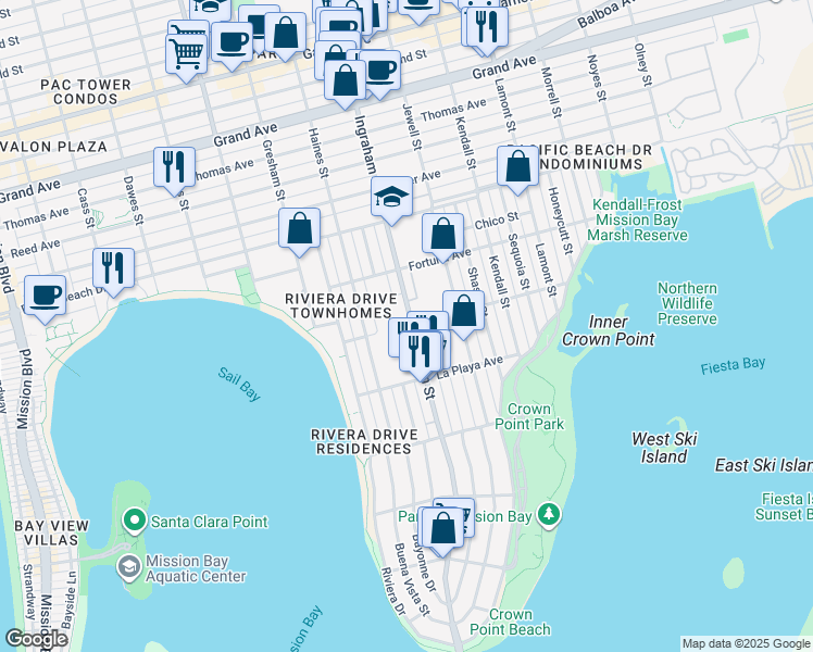 map of restaurants, bars, coffee shops, grocery stores, and more near 3866 Ingraham Street in San Diego