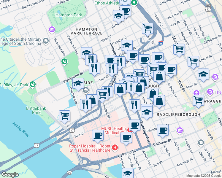 map of restaurants, bars, coffee shops, grocery stores, and more near 6 Rosemont Street in Charleston