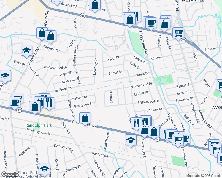 map of restaurants, bars, coffee shops, grocery stores, and more near 13 Argonne Street in Charleston
