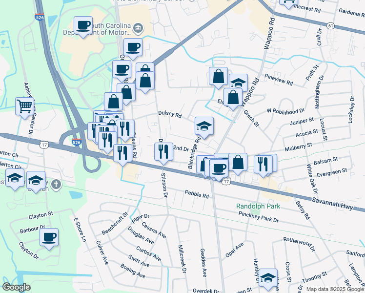 map of restaurants, bars, coffee shops, grocery stores, and more near 1915 2nd Drive in Charleston