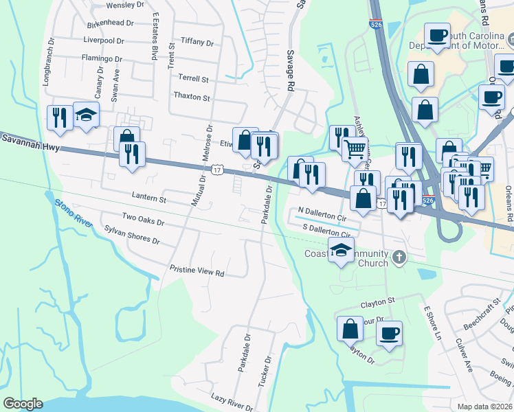 map of restaurants, bars, coffee shops, grocery stores, and more near 519 Applebee Way in Charleston