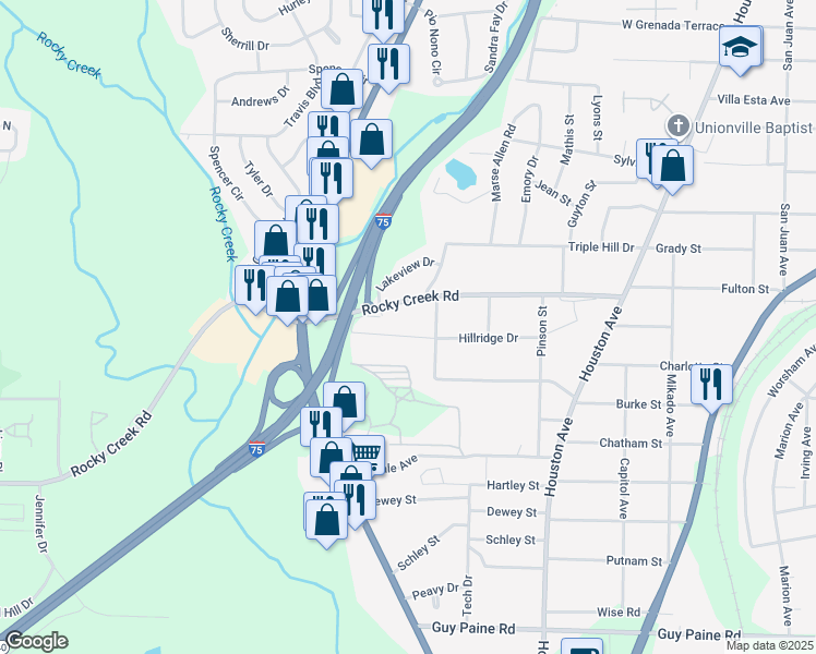 map of restaurants, bars, coffee shops, grocery stores, and more near 1308 Hillridge Drive in Macon