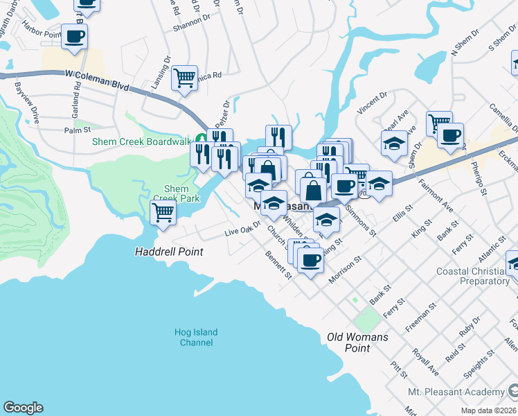 map of restaurants, bars, coffee shops, grocery stores, and more near 208 Church Street in Mount Pleasant