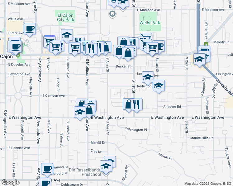 map of restaurants, bars, coffee shops, grocery stores, and more near 410 South 1st Street in El Cajon
