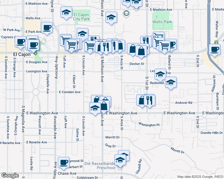 map of restaurants, bars, coffee shops, grocery stores, and more near 520 South Anza Street in El Cajon