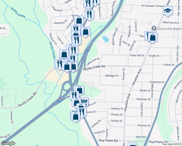 map of restaurants, bars, coffee shops, grocery stores, and more near 1344 Hillridge Drive in Macon