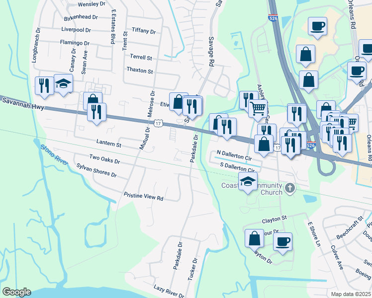 map of restaurants, bars, coffee shops, grocery stores, and more near 519 Applebee Way in Charleston