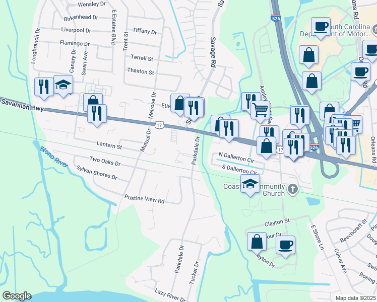 map of restaurants, bars, coffee shops, grocery stores, and more near 519 Applebee Way in Charleston