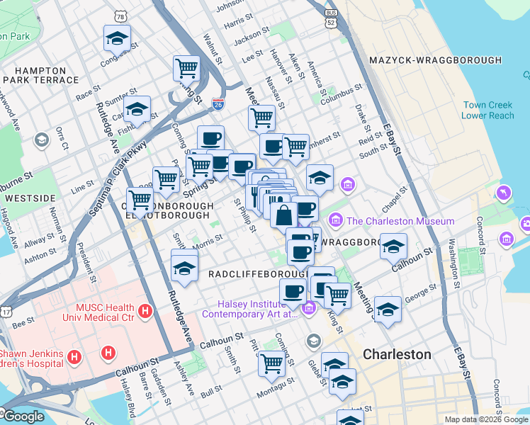 map of restaurants, bars, coffee shops, grocery stores, and more near 517 King Street in Charleston