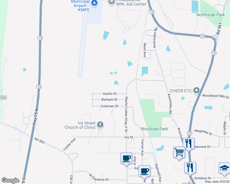 map of restaurants, bars, coffee shops, grocery stores, and more near 400-438 Austin Street in Philadelphia