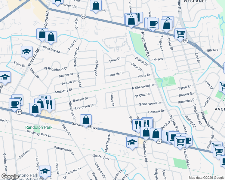 map of restaurants, bars, coffee shops, grocery stores, and more near 13 Argonne Street in Charleston