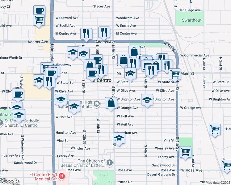 map of restaurants, bars, coffee shops, grocery stores, and more near 810 West Brighton Avenue in El Centro