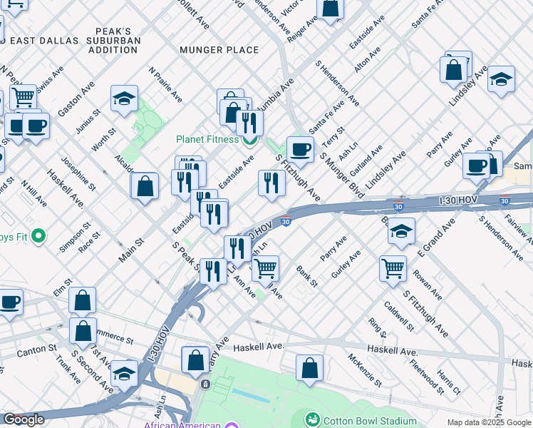 map of restaurants, bars, coffee shops, grocery stores, and more near 4610 East R L Thornton Freeway in Dallas