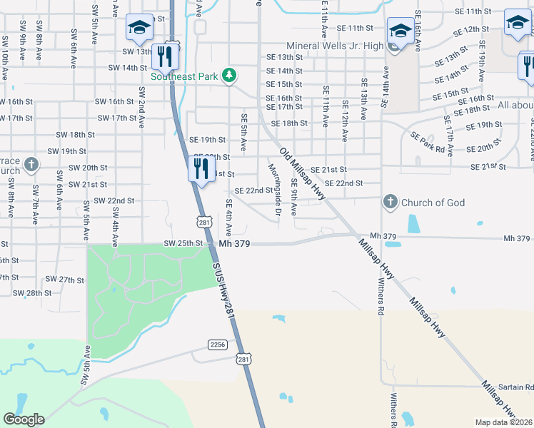 map of restaurants, bars, coffee shops, grocery stores, and more near 701 Morningside Drive in Mineral Wells
