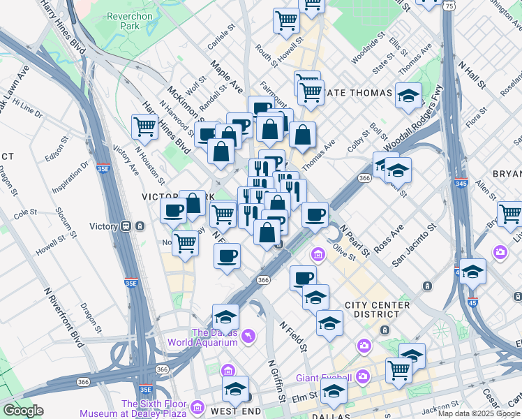 map of restaurants, bars, coffee shops, grocery stores, and more near 2225 North Harwood Street in Dallas