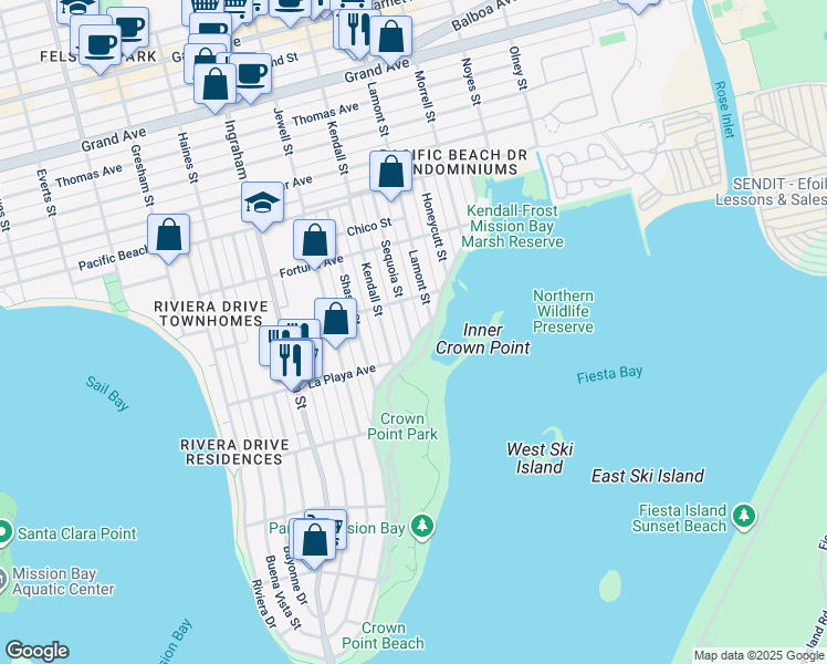 map of restaurants, bars, coffee shops, grocery stores, and more near 3821-23 Sequoia Street in San Diego