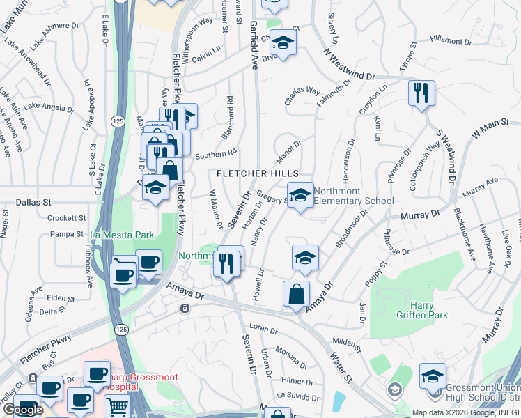 map of restaurants, bars, coffee shops, grocery stores, and more near 6161-63 Horton Drive in La Mesa