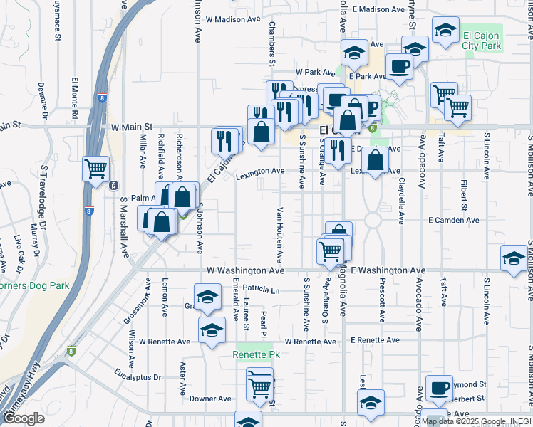 map of restaurants, bars, coffee shops, grocery stores, and more near 478 Van Houten Avenue in El Cajon