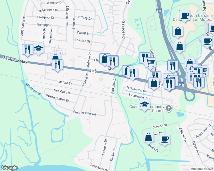 map of restaurants, bars, coffee shops, grocery stores, and more near 519 Applebee Way in Charleston