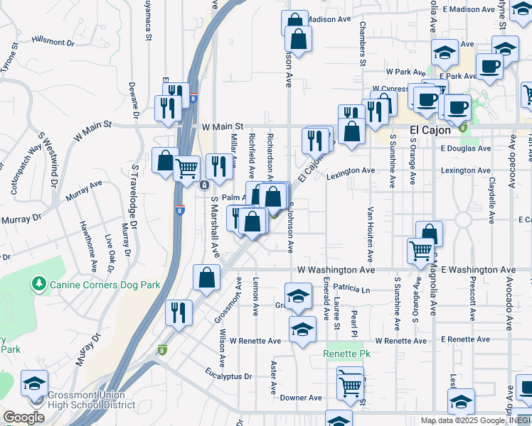 map of restaurants, bars, coffee shops, grocery stores, and more near 586 El Cajon Boulevard in El Cajon