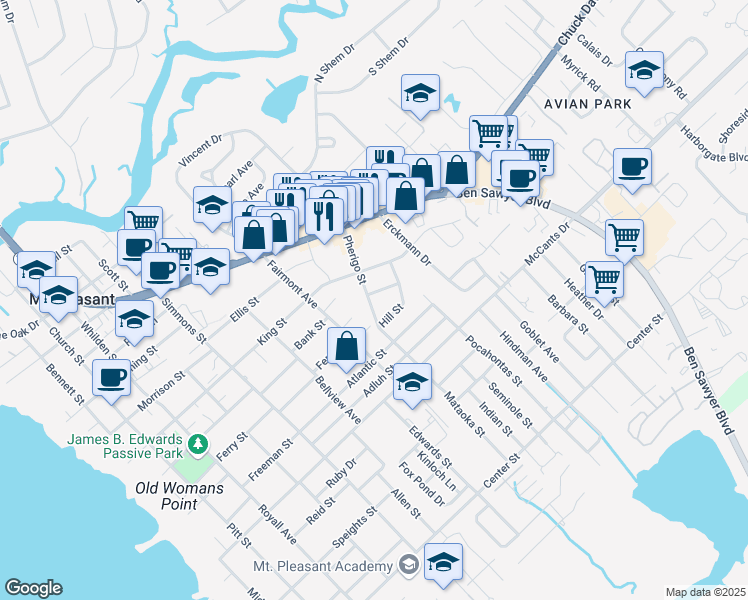 map of restaurants, bars, coffee shops, grocery stores, and more near 741 Winthrop Street in Mount Pleasant