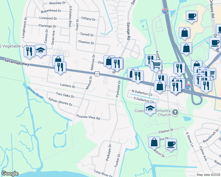 map of restaurants, bars, coffee shops, grocery stores, and more near 519 Applebee Way in Charleston
