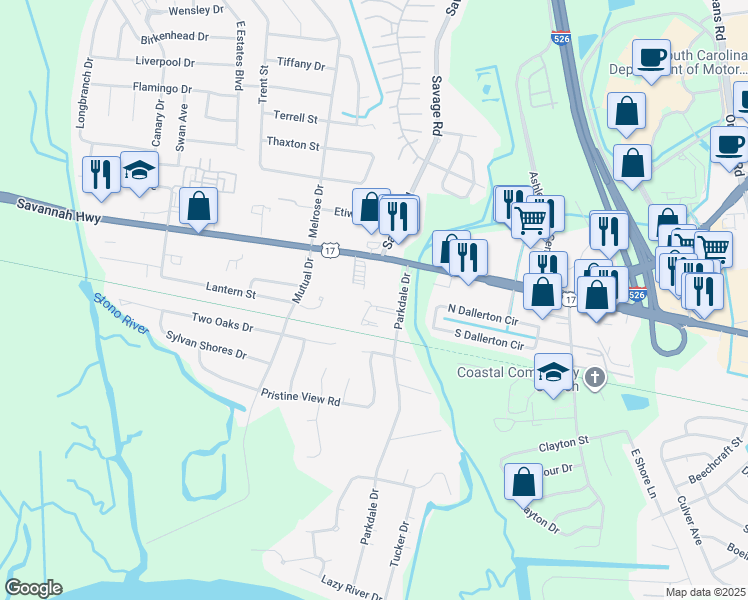 map of restaurants, bars, coffee shops, grocery stores, and more near 2350 Applebee Way in Charleston